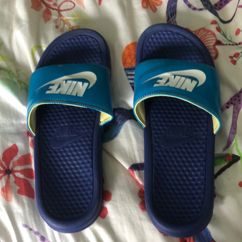 color block nike slides.